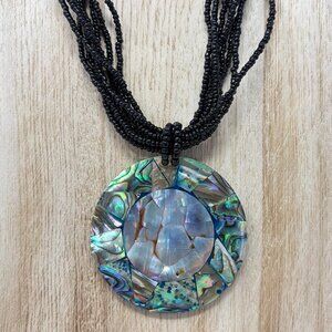 Black Seed Bead Necklace With Large Abalone Shell Mosaic Pendant Button Closure
